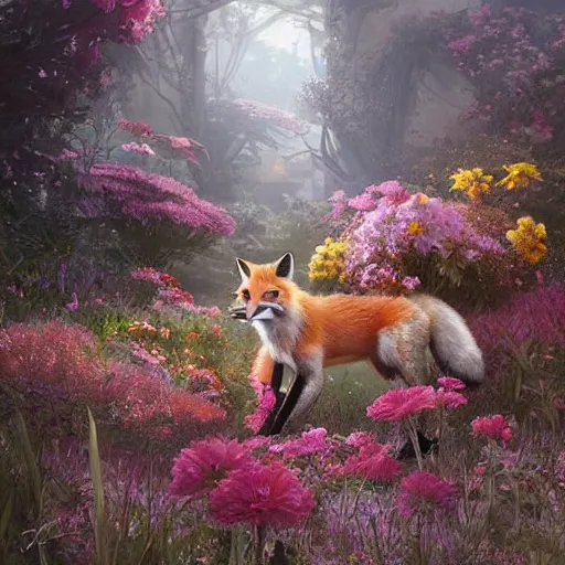 Image similar to a fox surrounded by beautiful flowers, by stanley lau and greg rutkowski