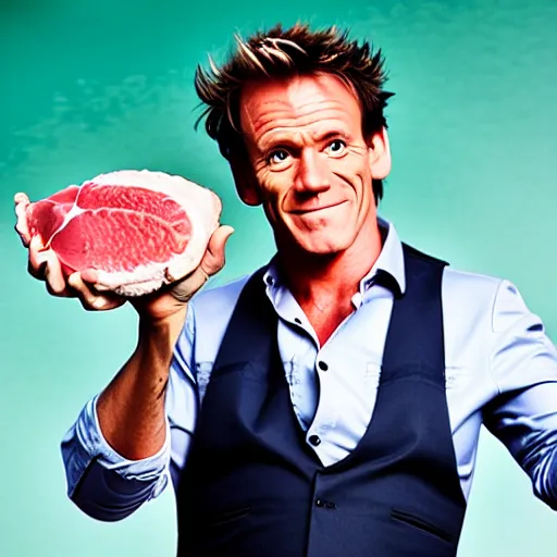 Image similar to photo of gordan ramsay holding a raw porkchop in his hand on set, highly detailed, extremely high quality, hd, 4 k, 8 k, professional photographer, 4 0 mp, lifelike, top - rated, award winning, cinematic, realistic, detailed lighting, detailed shadows, sharp, no blur, edited, corrected, trending