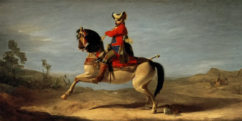 Prompt: a gerbil in military clothing riding a horse, by Jacques-Louis David