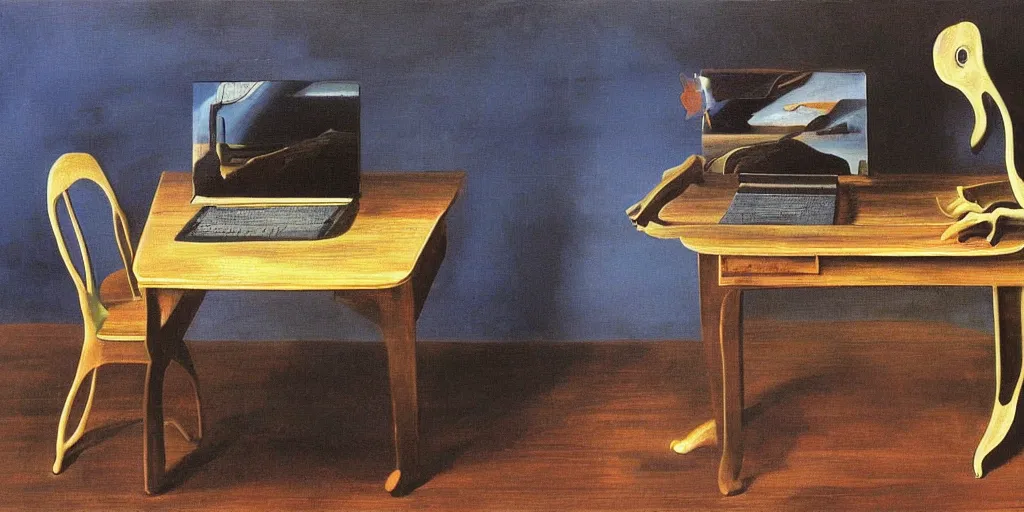 Prompt: A painting of a table with a computer on it, by Salvador Dalí