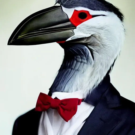 Prompt: Gorgeous still of a man in a suit wearing a latex mask of a shoebill stork, by James Jean, natural lighting