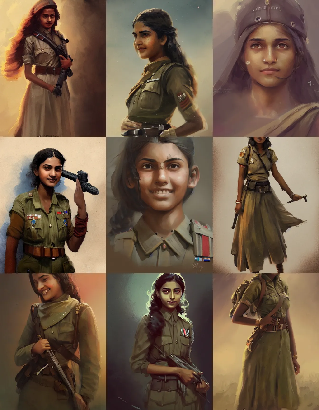 Prompt: teenage female indian ww 2 soldier, long hair, dress, smiling, digital portrait by greg rutkowski, intricate, soft focus, highly detailed, cinematic, epic, artstation