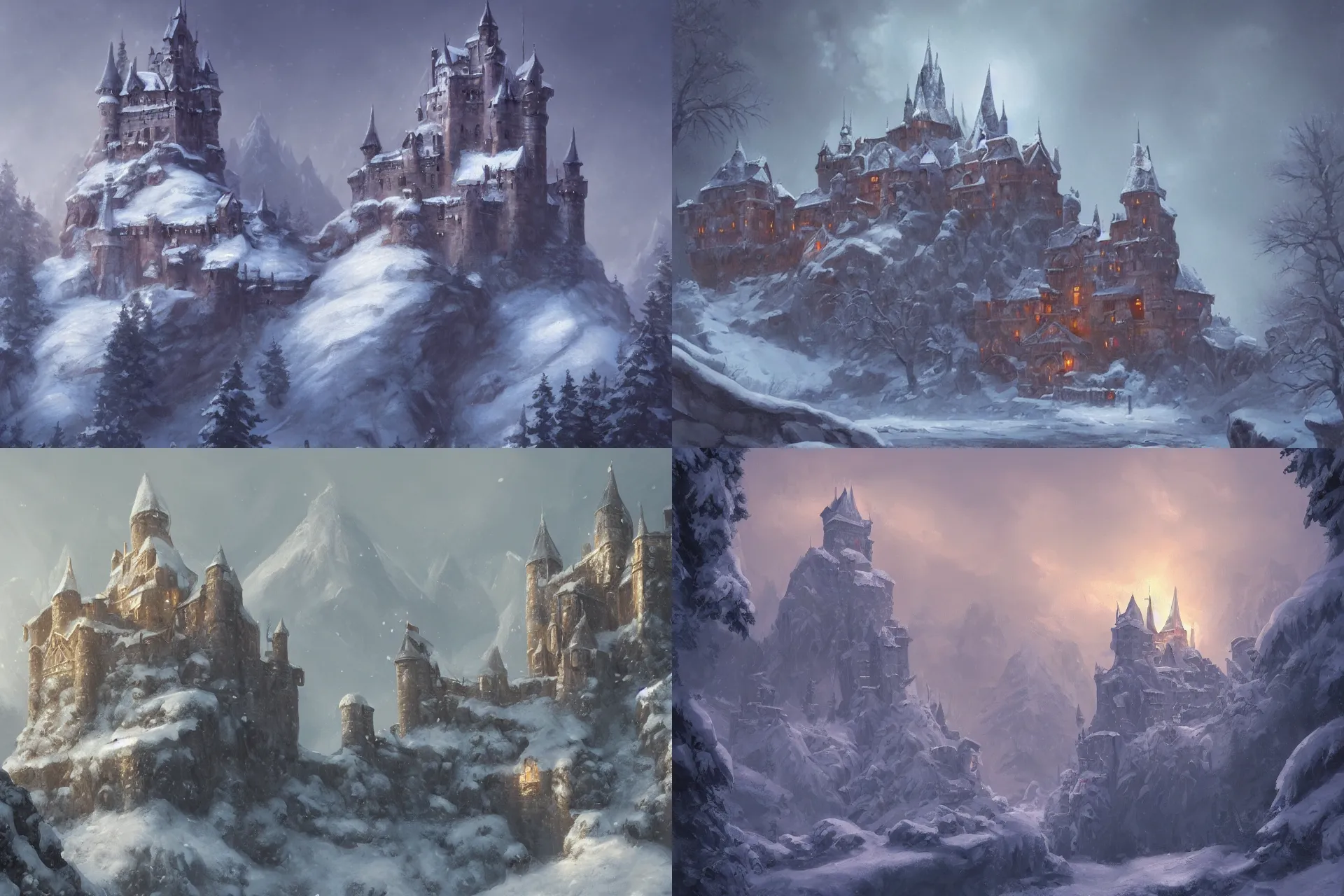 Prompt: a painting of a castle in the middle of a snowy mountain, a detailed matte painting by andreas rocha, featured on artstation, fantasy art, matte drawing, matte painting, artstation hq