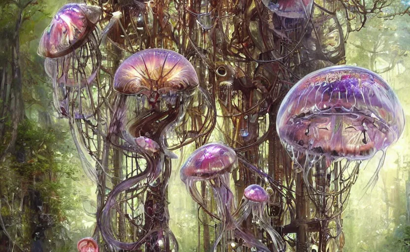 Image similar to Cyborg biomechanical jellyfish forest. By Konstantin Razumov, highly detailded