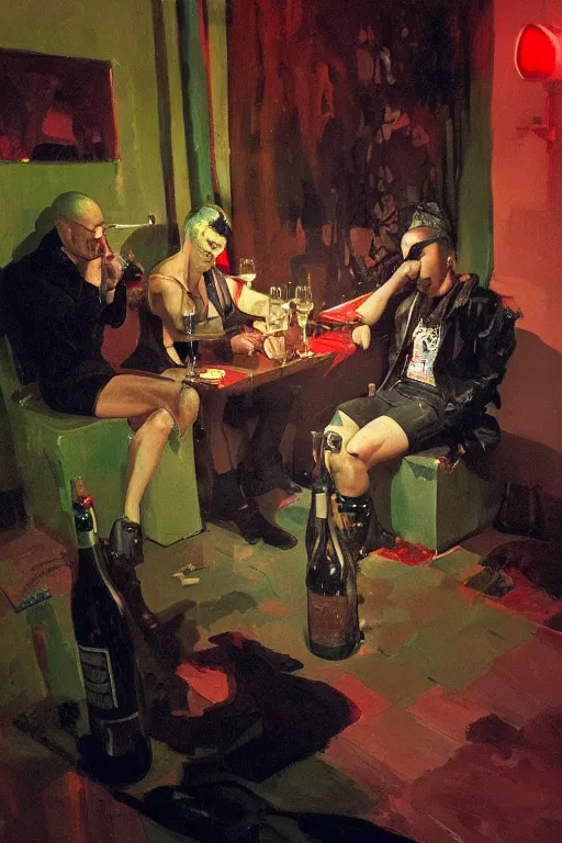 Image similar to punk rockers drinking brutal and raw wine, inside a tiny green room with red lights by joaquin sorolla, greg rutkowski, bill sienckiwicz, extremely detailed