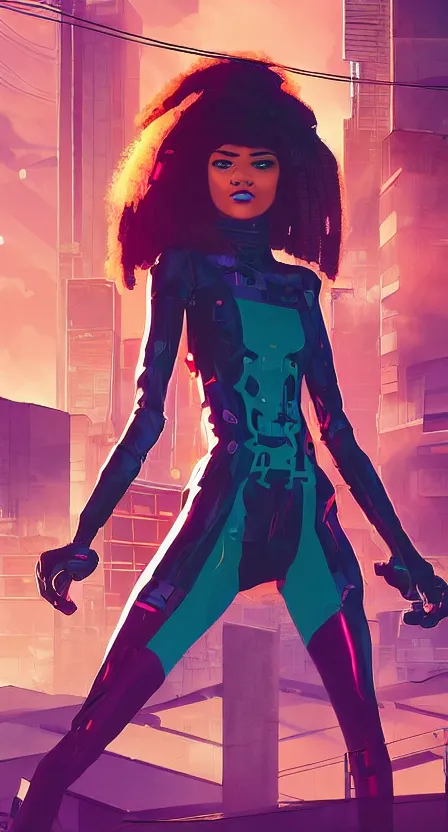 Image similar to zendaya as a cyberpunk hero standing on the rooftop of cybertown, art poster, full body, t - pose, character design, ambient lighting, 4 k, lois van baarle, ilya kuvshinov, rossdraws, alphonse mucha, jung gi kim, dylan kowalsk, artstation