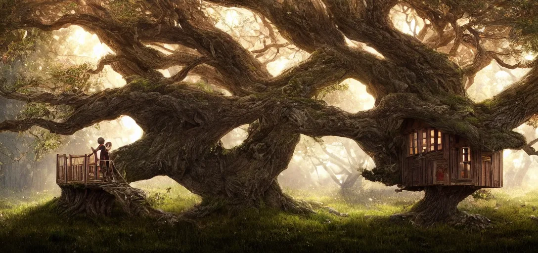 Image similar to Kid with red radioflyer standing in front of beautiful tree house in an old oak tree on a beautiful meadow with flowers, dramatic lighting, cinematic, establishing shot, extremly high detail, photo realistic, cinematic lighting, post processed, concept art, artstation, matte painting, style by eddie mendoza, raphael lacoste, alex ross