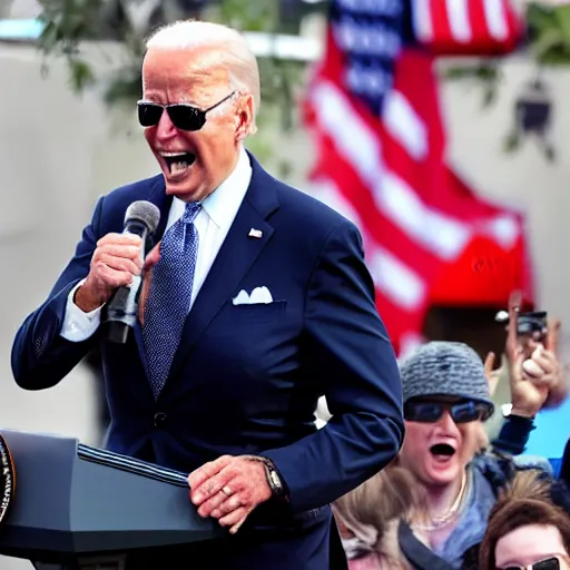 Prompt: Joe Biden screaming with sunglasses on