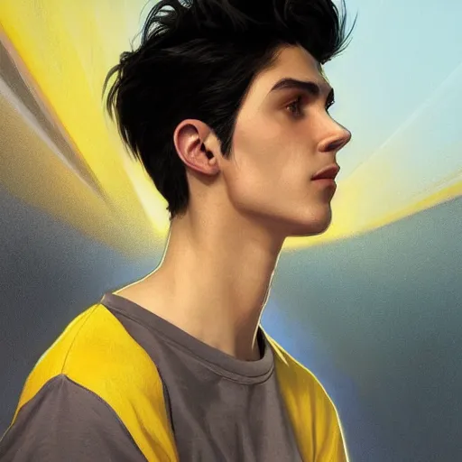 Image similar to ultra realistic illustration, a young man with black hair, in a yellow t - shirt, with blue eyes, highly detailed, digital painting, artstation, concept art, smooth, sharp focus, illustration, art by artgerm and greg rutkowski and alphonse mucha