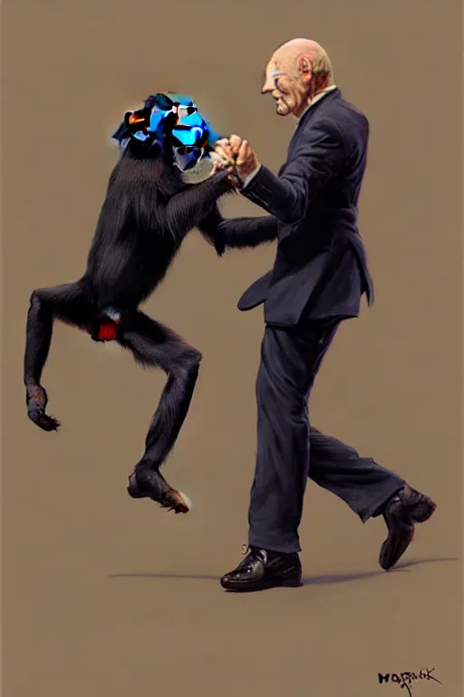 Prompt: patrick stewart dancing with a chimpanzee, animation pixar style, by magali villeneuve, artgerm, jeremy lipkin and michael garmash, rob rey and kentaro miura style, golden ratio, trending on art station