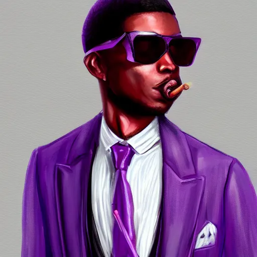 Prompt: A young black man wearing a purple suit and sunglasses with a cigar in his mouth ,D&D, elegant, hopeful, muscular, highly detailed, digital painting, artstation, concept art, smooth, sharp focus, illustration