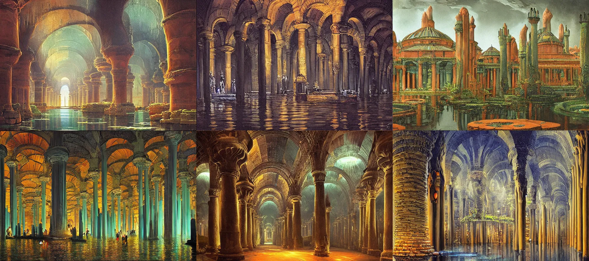 Prompt: basilica cistern in the style of dr. seuss, starships, painting by raphael lacoste