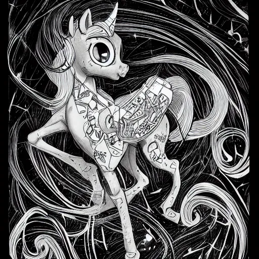 Image similar to detailed black and white illustration of my little pony in the style of h r giger and moebius and wayne barlowe