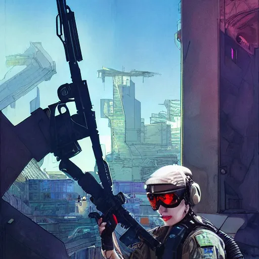 Image similar to Maria. USN special forces futuristic recon operator, cyberpunk headset, on patrol in the Australian neutral zone, deserted city landscape, skyline lit by flares. 2087. Concept art by James Gurney and Alphonso Mucha