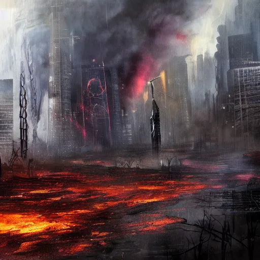 Image similar to damaged city, high - tech, concept art, forest, fire tornado, high resolution