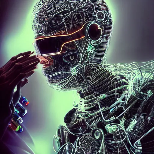 Image similar to a beautiful portrait of a young bionic male cyborg, cyberpunk, intricate wiring, electronic components, augmented vision, volumetric light, photography, color, intricate, extremely detailed, hyperrealistic, color pencil drawing, trending on artstation