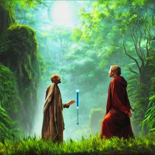 Prompt: stunning oil painting of a jedi master mentoring a jedi padawan on a lush jungle planet