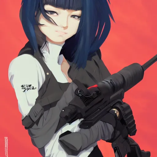 Image similar to poster art girl with futuristic streetwear, cute face, pretty, Anime, posing with a gun in the style of Valorant by Cushart Krentz, Fierce expression 4k, 8k, HDR, Trending on artstation, Behance, Pinterest