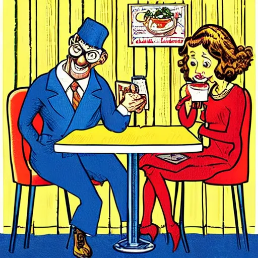 Prompt: caricature by robert crumb, an uneven couple character sitting at a table in diner : : graphic art on a plain background, subdued colors, detailed drawing