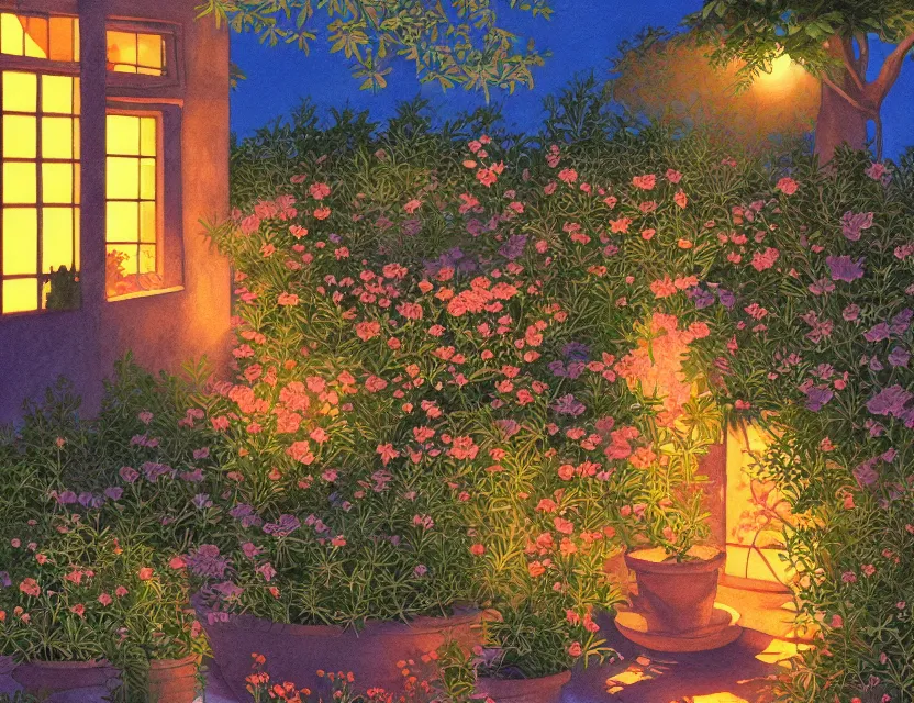 Prompt: dusk at the oasis. gouache painting by award - winning mangaka, chiaroscuro, bloom, backlighting, intricate details