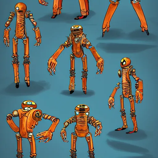 Prompt: official character sheets for an old eel biomech suit, digital 2 d screen robot face, wearing an oversized sweater, covered in coral, art by tim schafer black velvetopia art for psychonauts from double fine studios, art by splatoon from nintendo, black light rave, adult character, apocalypse