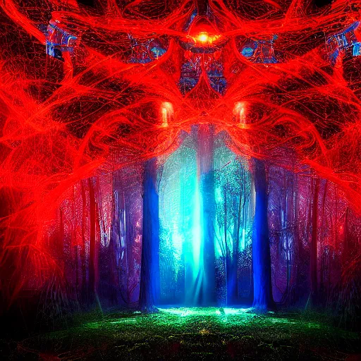 Prompt: portrait of an ethereal forest made of blue and red light, divine, cyberspace, mysterious, dark high-contrast concept art