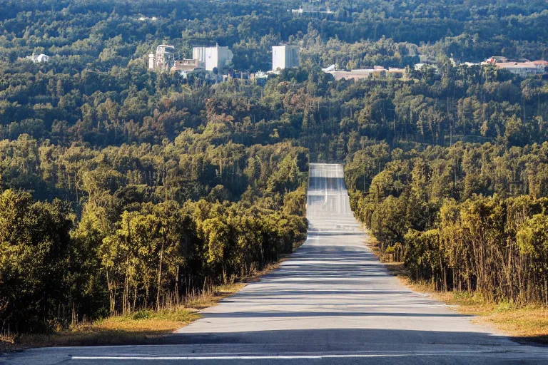 Prompt: a centered road next to warehouses, and a tree hill background with a radio tower on top, 3 0 0 mm telephoto lens