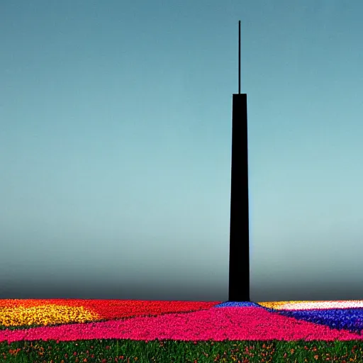 Prompt: very intrincated and ominous tall black column stands in the middle of an infinite plain covered with colorful flowers