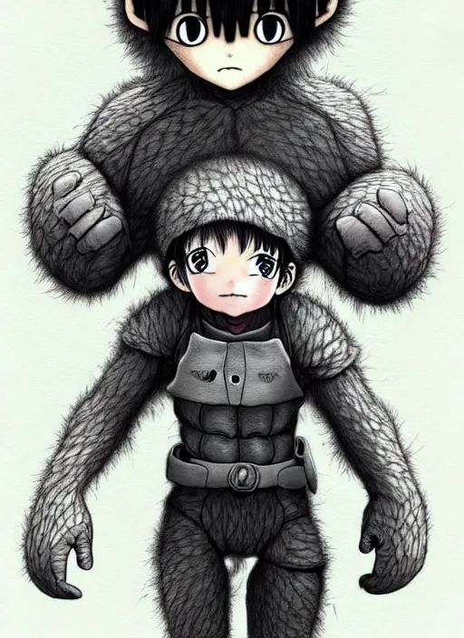 Image similar to beautiful little boy wearing an cyborg bear suit, artwork in kentaro miura and made in abyss and rosdraws, smooth, beautiful lightness, anatomically correct, trending on pixiv, forest