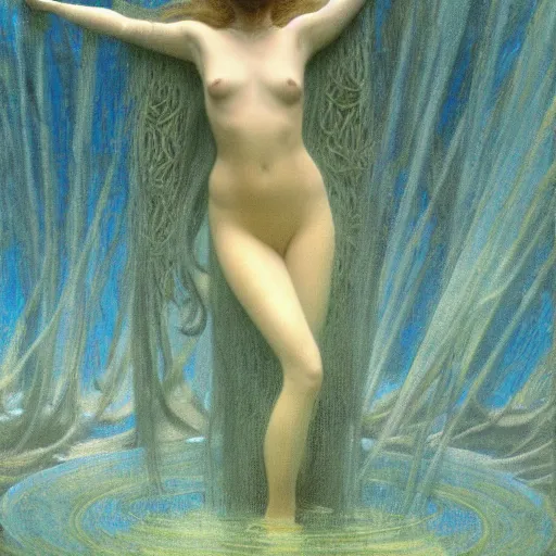 Image similar to beautiful woman suspended in water with silk clothing , 4k, by Jean Delville, cinematic lighting