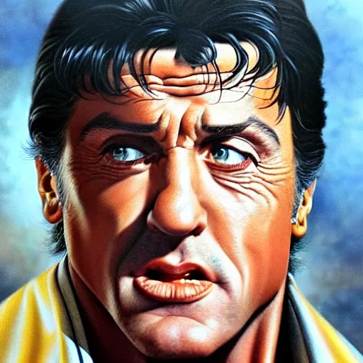 Image similar to ultra realistic portrait painting of sylvester stallone, art by frank frazetta, 4 k, ultra realistic, highly detailed, epic lighting