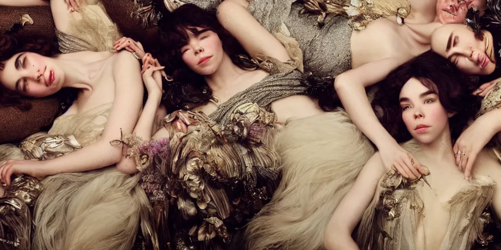 Image similar to stunning photo of dark - haired goddesses vanessa kirby, hailee steinfeld, and bjork smiling, laying back on pillows, with wet faces, wet lips, perfect eyes, insanely detailed, elegant, by mucha, wlop, rutkowski, livia prima