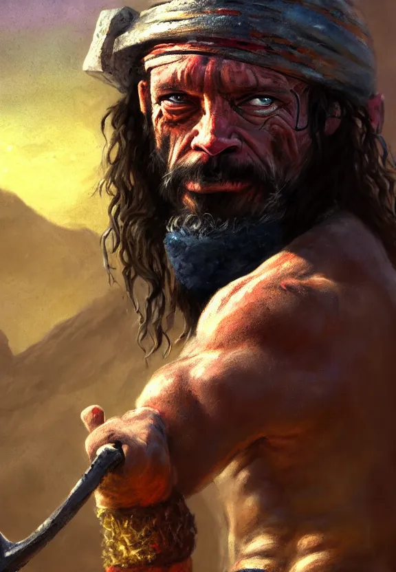 Image similar to a solitary wrestler randy savage with an anchor slung over his shoulder alone in a rocky desolate wasteland | portrait | hd 4 k | fantasy impressionist oil painting | middle earth | pathfinder | artstation | conan | darksun | d & d dungeons and dragons | barbarian