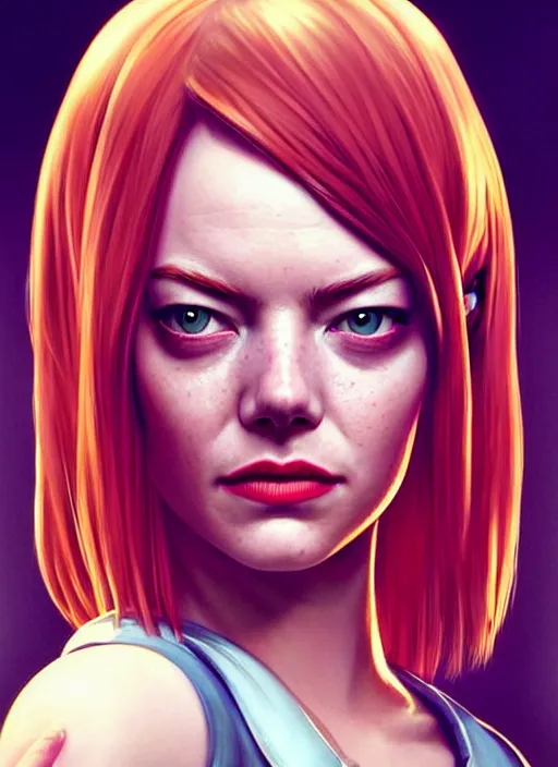 Image similar to portrait of Emma Stone as a waitress character in Cyberpunk 2077, looking at camera, intricate, elegant, sci-fi, extremely detailed, digital painting, artstation, concept art, smooth, sharp focus, illustration, ambient lighting, incredible art by artgerm and greg rutkowski and alphonse mucha and simon stalenhag