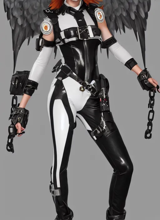 Image similar to full body artwork of tracer overwatch, wearing white latex and leather straps catsuit outfit, in style of mark arian, angel wings, dramatic painting, wearing detailed leather collar, chains, black harness, detailed face and eyes,