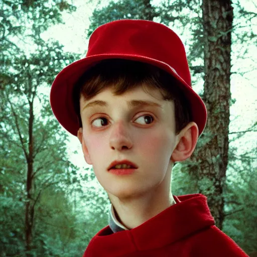 Image similar to super close up portrait of wirt from over the garden wall. a 1 6 years old gloomy awkward boy with big brown eyes and shaggy brown hair wearing a red dunce hat and a blue navy cape, standing in the forest, kodachrome photograph, 1 9 9 5, 4 k, canon, flash photography, norman rockwell, bouguereau