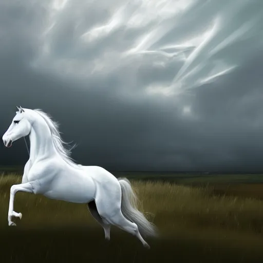 Image similar to a white horse standing in the wind, background stormy sky, hyperdetailed, artstation, cgsociety, 8k