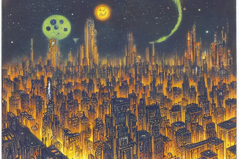 Image similar to a scifi illustration, Night City on Coruscant by Louis Wain (1920)