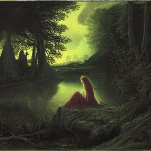 Prompt: rusalka sits by a pond in an apocalyptic dark forest at night, by john martin