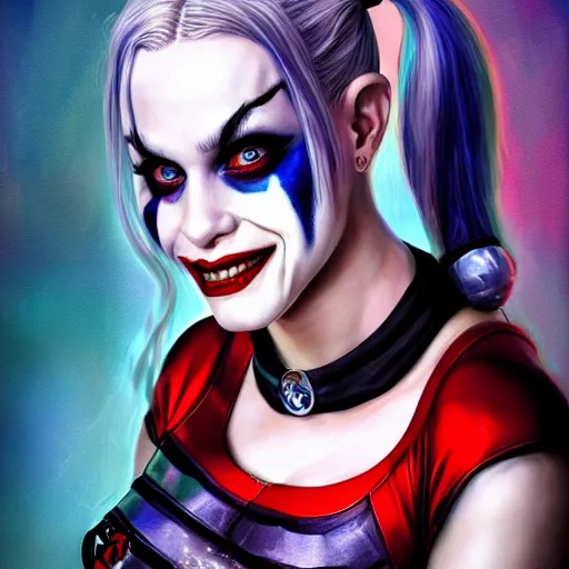 Image similar to Harley Quinn from the suicide squad, smiling, portrait, fantasy, medieval, beautiful face, vivid colrs, elegant, concept art, sharp focus, digital art, Hyper-realistic, 4K, Unreal Engine, Highly Detailed, HD, Dramatic Lighting by Brom, trending on Artstation