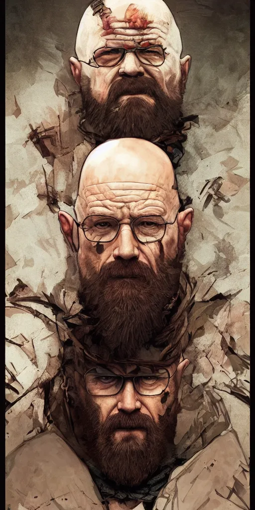 Image similar to Heisenberg as Kratos, highly detailed, digital painting, artstation, concept art, smooth, sharp focus, illustration, ArtStation, art by artgerm and greg rutkowski and alphonse mucha and J. C. Leyendecker and Edmund Blair Leighton and Katsuhiro Otomo and Geof Darrow and Phil hale and Ashley wood and Ilya repin and Charlie Bowater