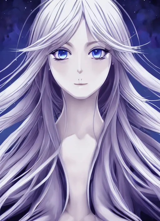 Prompt: visual novel character sprite, symmetrical full body shot with monochrome background, stunningly beautiful asi goddess with beautiful hyperdetailed symmetrical face, porcelain skin covered in long white dress, long white hair and mesmerizing cold ice blue eyes, symmetrical, overwhelming, innocent, ethereal, live 2 d anime style, 8 k