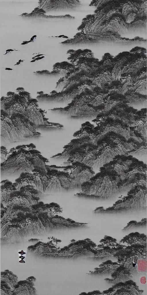 Image similar to Environmental shot, Beautiful!!!!! chinese ink-wash painting of a river!!!, beautiful brush strokes, red ink, birds flying , shui mo hua by Wang Mingming !!!, highly intricate