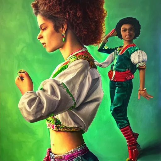 Prompt: a highly detailed painting. 1987-era Prince behind two beautiful twin sisters. Prince is green with jealousy. Photorealistic. Trending on Artstation.