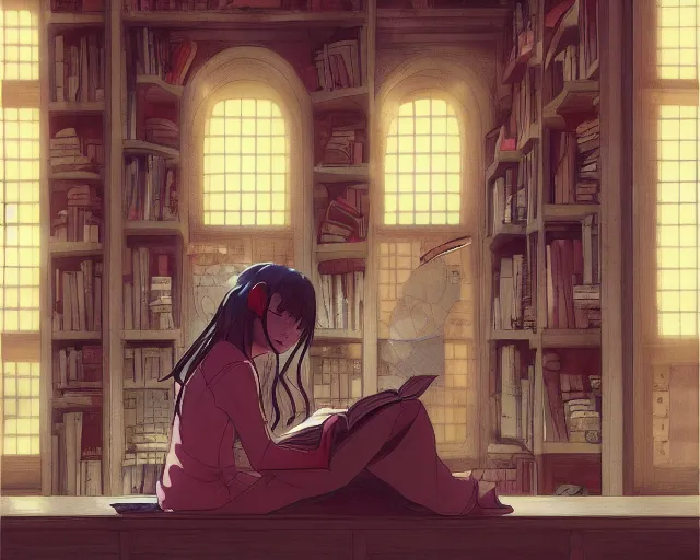 Prompt: anime girl studying in a magic library in the style of studio ghibli, ayami kojima, akihiko yoshida, atey ghailan, escher, edward hopper