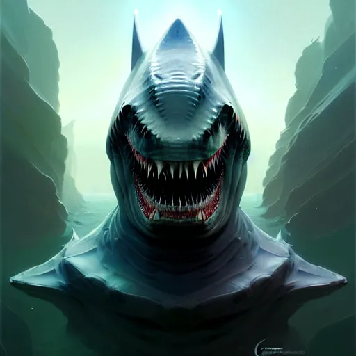 Image similar to professional ominous concept art portrait of a shark - human chimera character by artgerm and greg rutkowski. an intricate, elegant, highly detailed digital painting, concept art, smooth, sharp focus, illustration, in the style of simon stalenhag, wayne barlowe, and igor kieryluk.