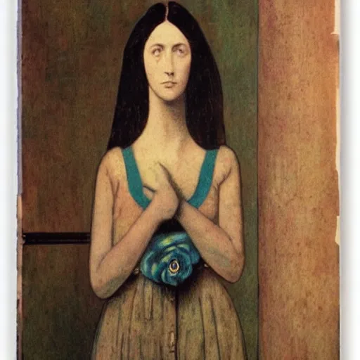 Prompt: a lonely girl in an empty room, colored daguerreotype, by Mackintosh, by Max Ernst, art noveau, Baroque wallpaper pastel colors,