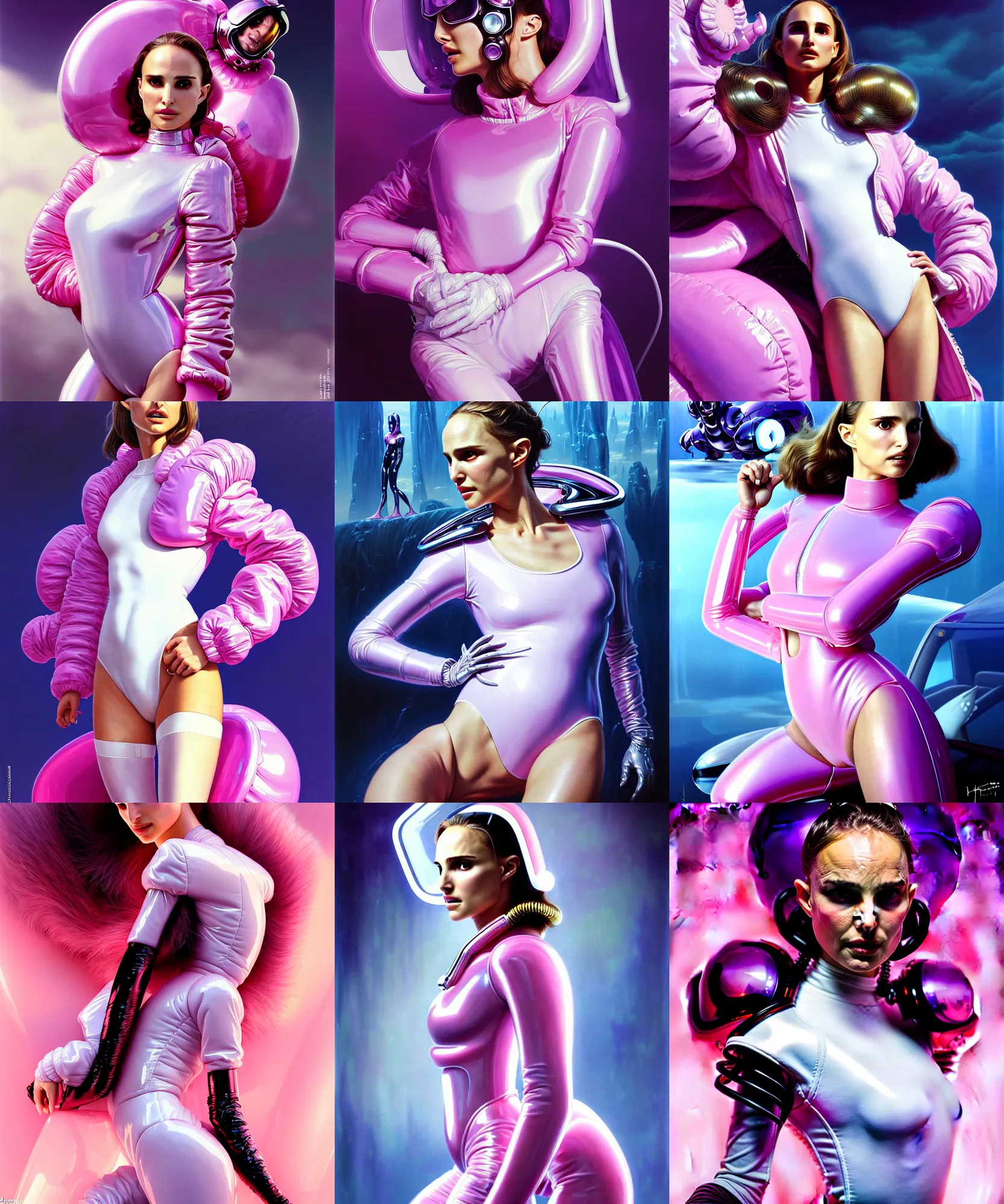 Prompt: beautiful fantasy character portrait, natalie portman, wearing oversized plastic puffy pink bomber jacket and white leotard, very seductive pose, ultra realistic, wide angle, dramatic lighting, futuristic chrome vehicle, alien creatures, cyberpunk artifacts, highly detailed by hajime sorayama, paolo eleuteri serpieri, boris vallejo, peter mohrbacher, aaron horkey,,