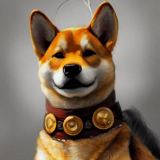 Prompt: detailed photorealistic painting of dog shiba inu wearing a highly detailed ornamented bronze viking helmet with two horns, sharp focus in the style of ruan jia, Mandy jurgens, cinematic light, concept art, trending on artstation, ultra realistic