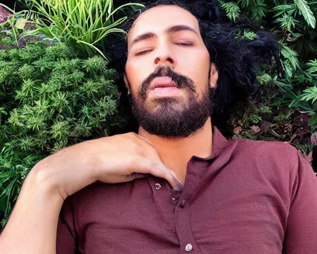 Image similar to mr robert smoke weed and meditate in the garden, he has dark black hair, young, detailed glad face, muscular chest, pregnant belly, golden hour closeup photo, red elegant shirt, eyes wide open, ymmm and that smell